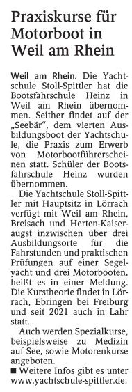Artikel Weiler Zeitung vom 09.07.2022: Motorbootführerscheinpraxis in Weil